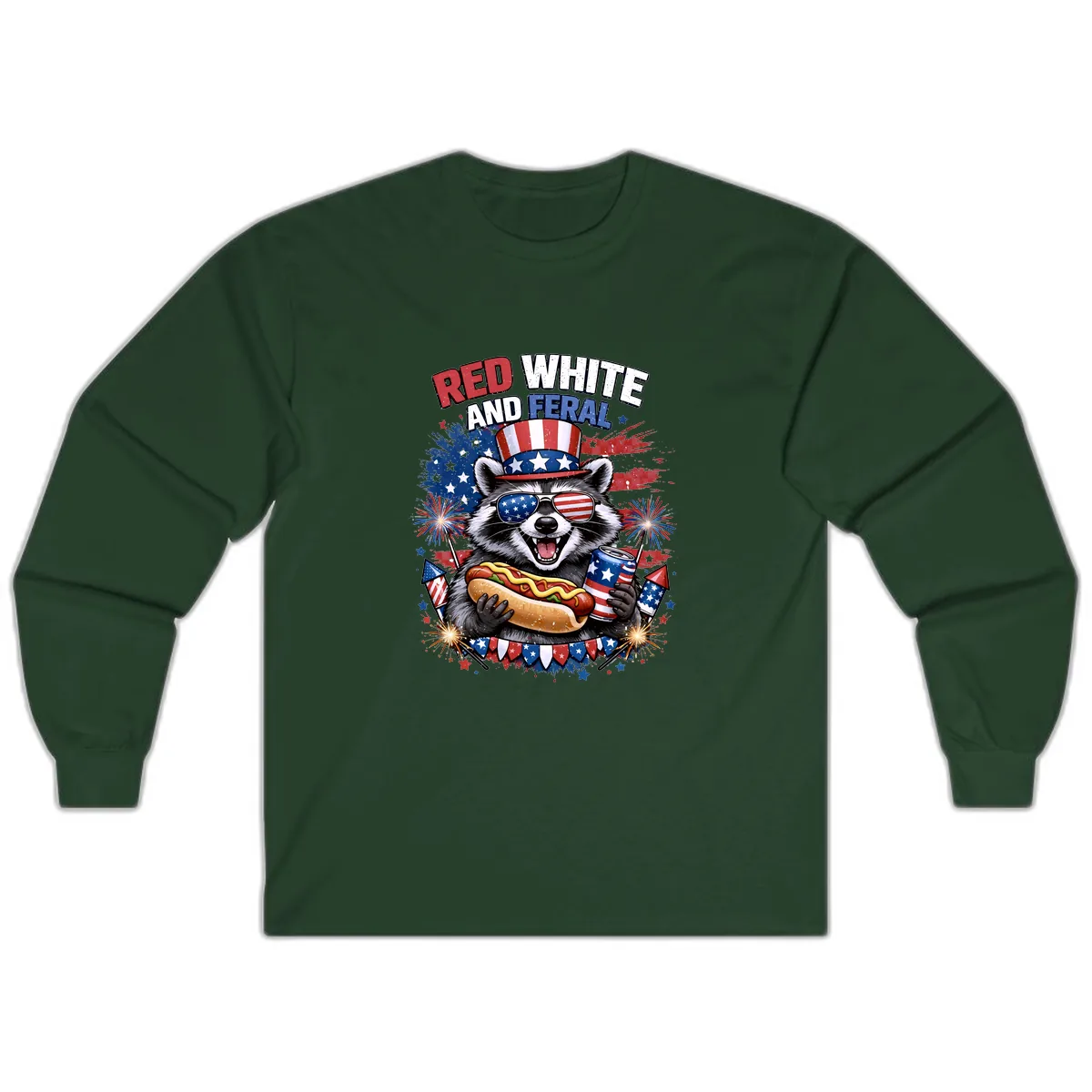 Red White and Feral Raccoon Patriotic Celebration Long Sleeve in Forest Green