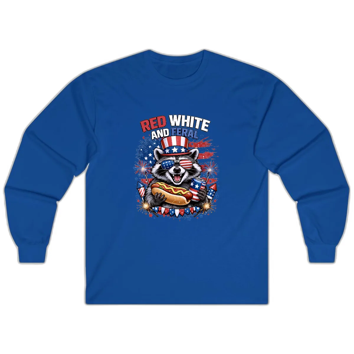 Red White and Feral Raccoon Patriotic Celebration Long Sleeve in Royal