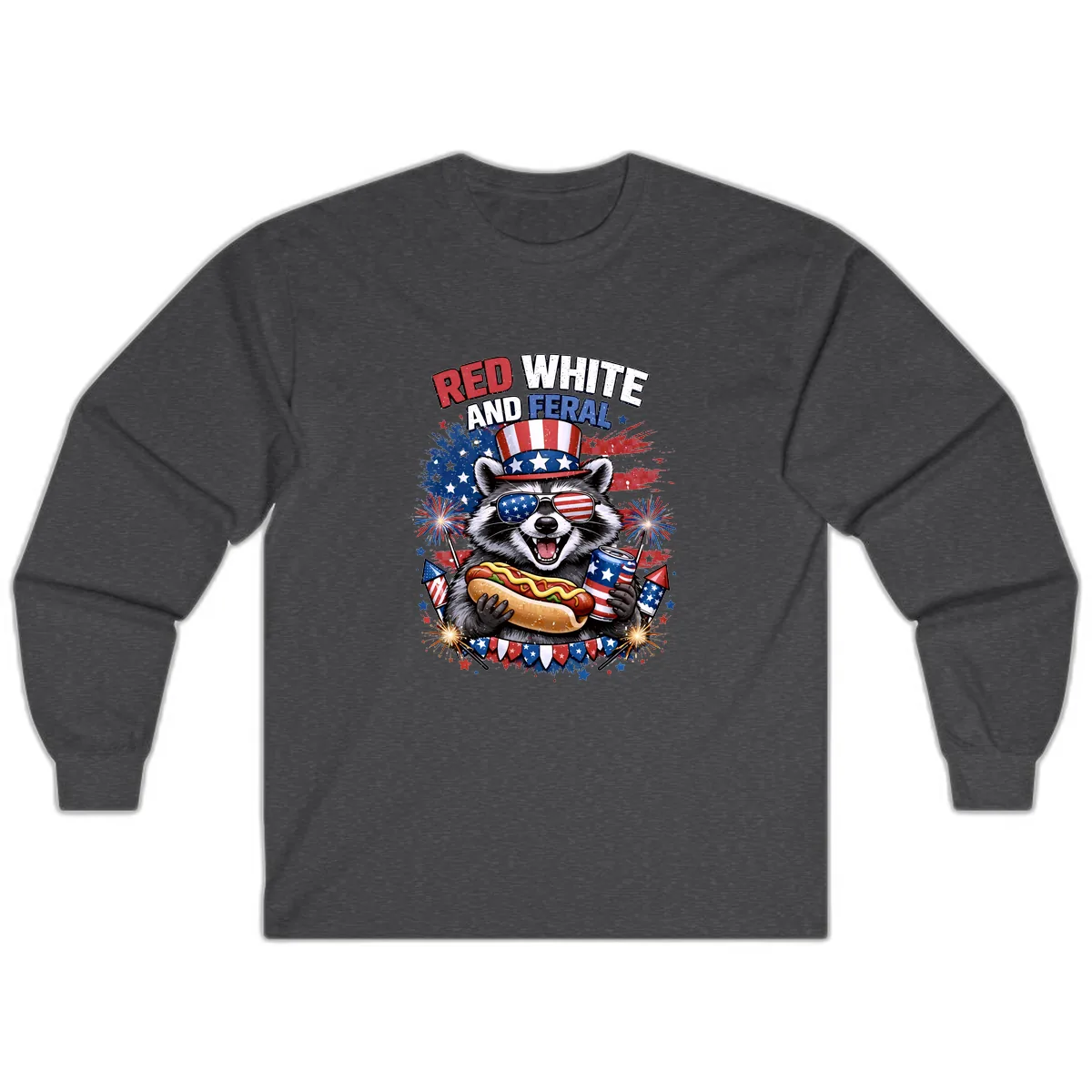 Red White and Feral Raccoon Patriotic Celebration Long Sleeve in Dark Heather
