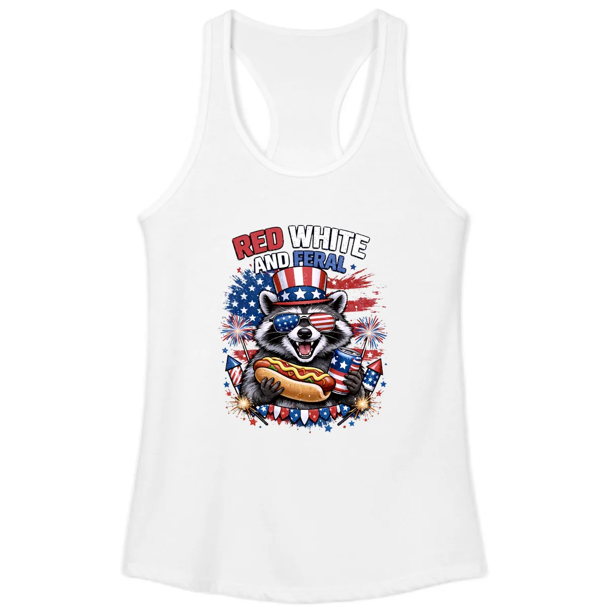 Red White and Feral Raccoon Patriotic Celebration Ladies Tank in White