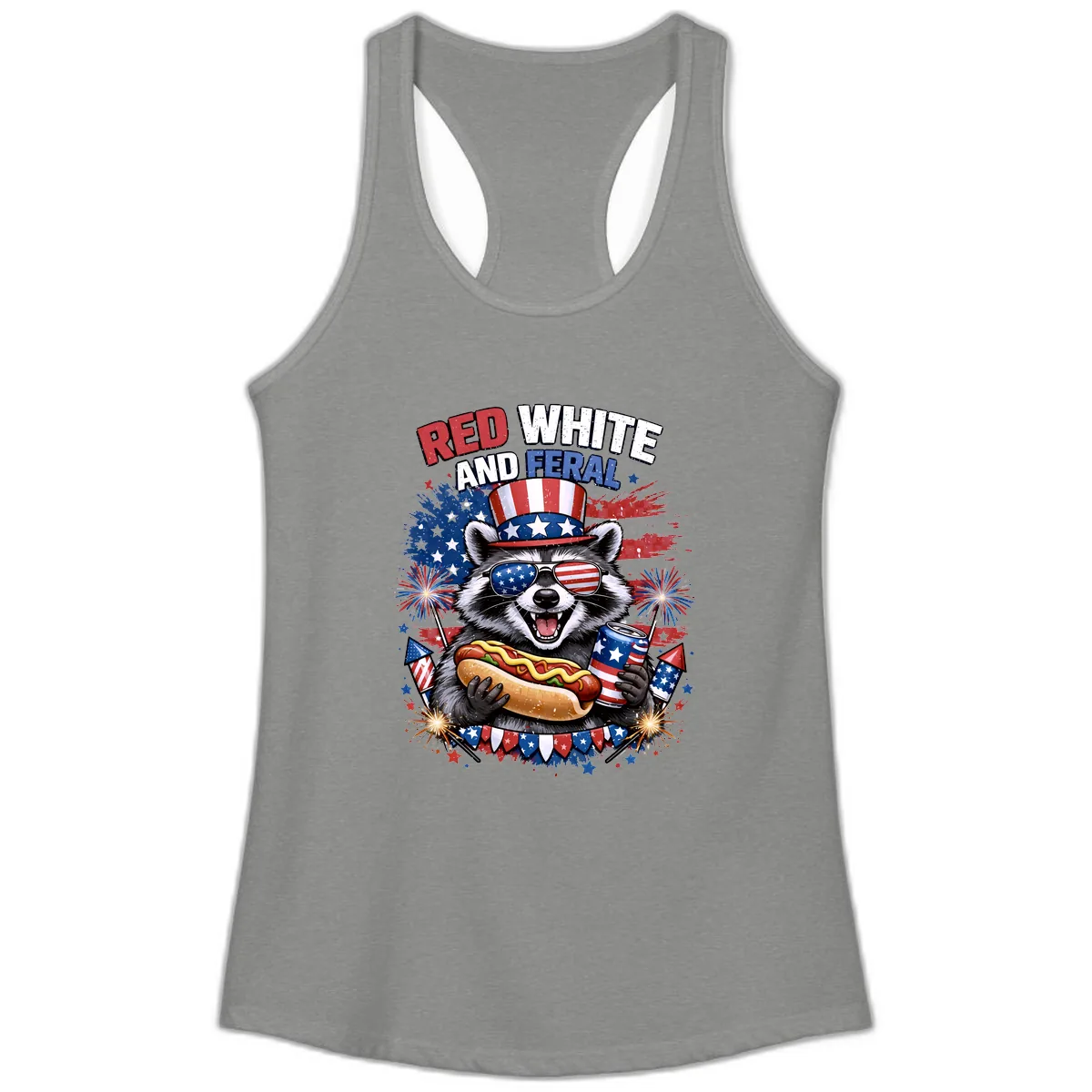Red White and Feral Raccoon Patriotic Celebration Ladies Tank in Heather Grey