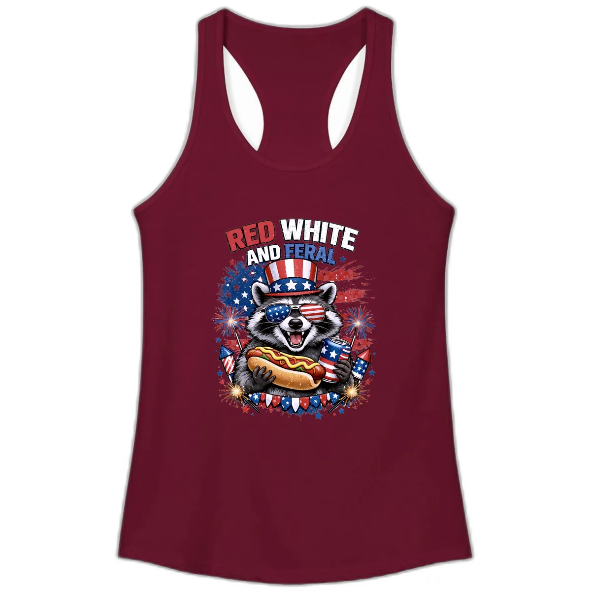 Red White and Feral Raccoon Patriotic Celebration Ladies Tank in Solid Cardinal Red