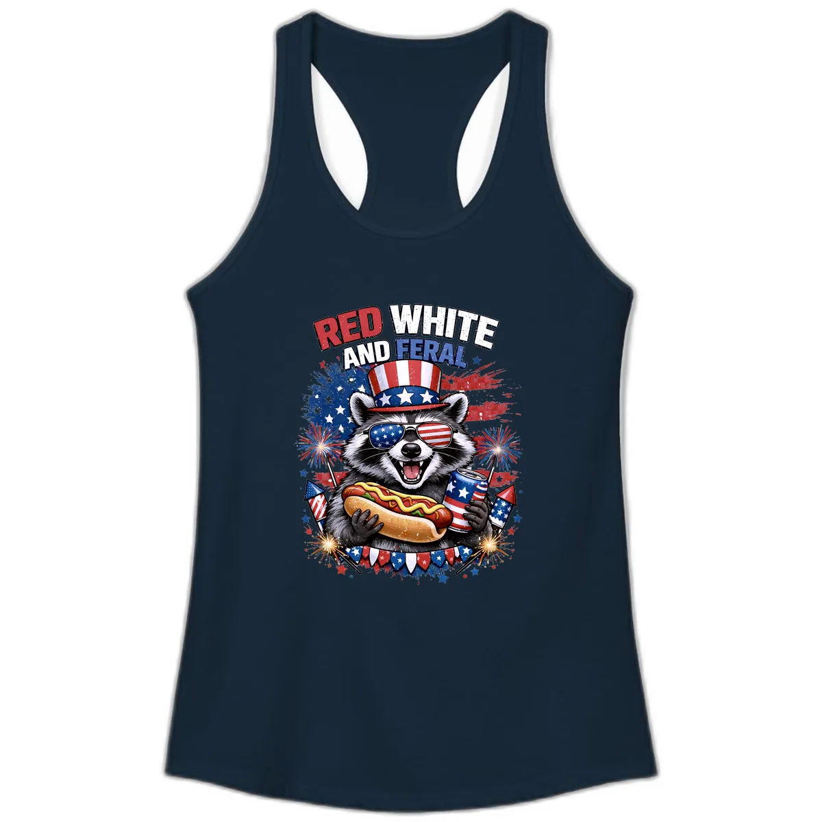 Red White and Feral Raccoon Patriotic Celebration Ladies Tank in Solid Midnight Navy