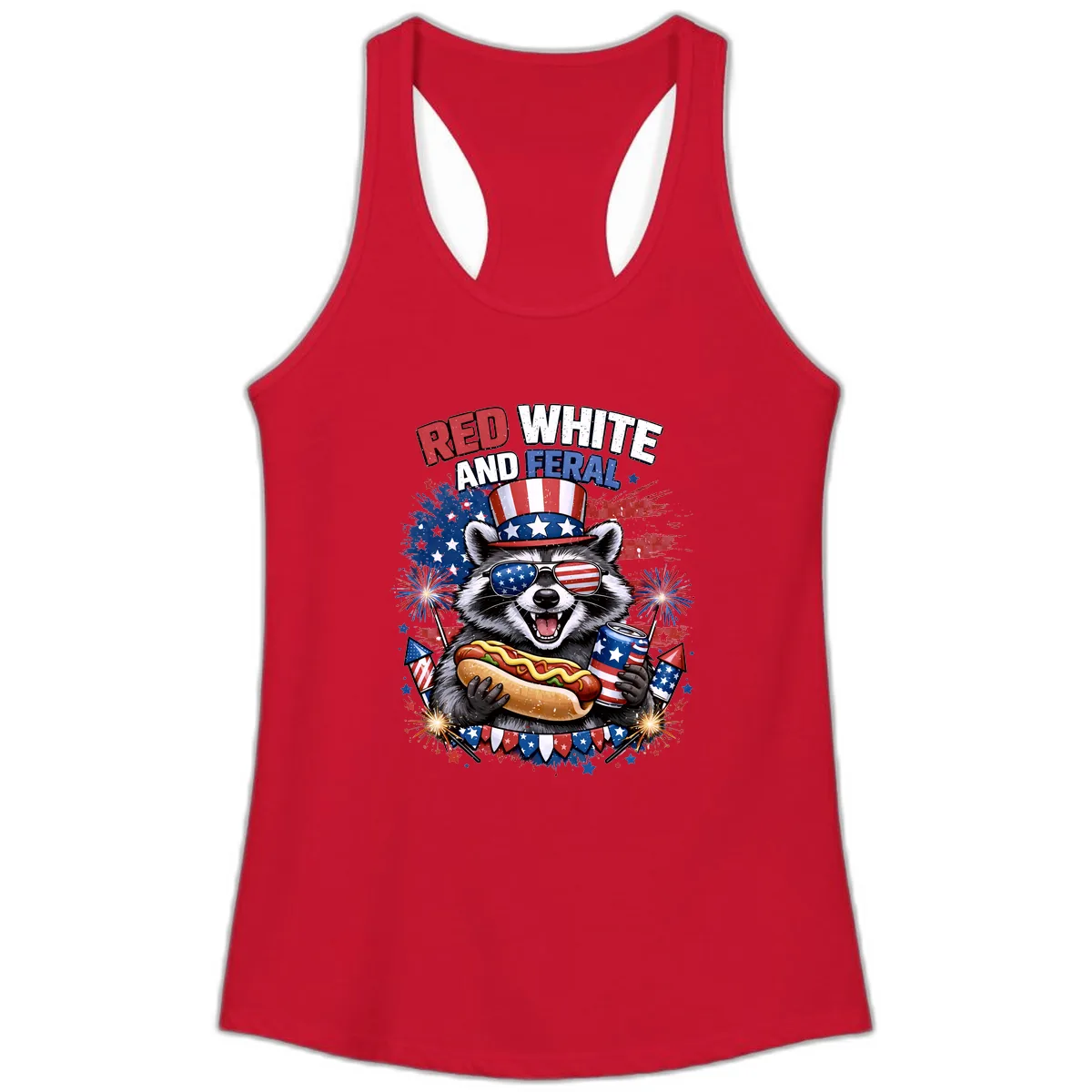Red White and Feral Raccoon Patriotic Celebration Ladies Tank in Solid Red