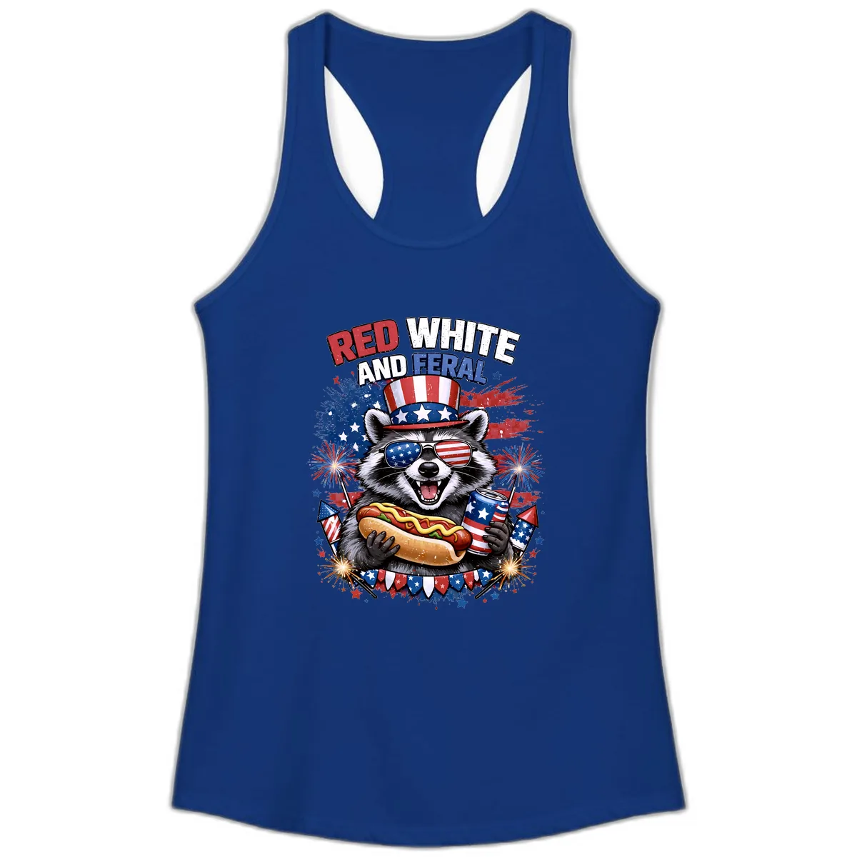 Red White and Feral Raccoon Patriotic Celebration Ladies Tank in Solid Royal