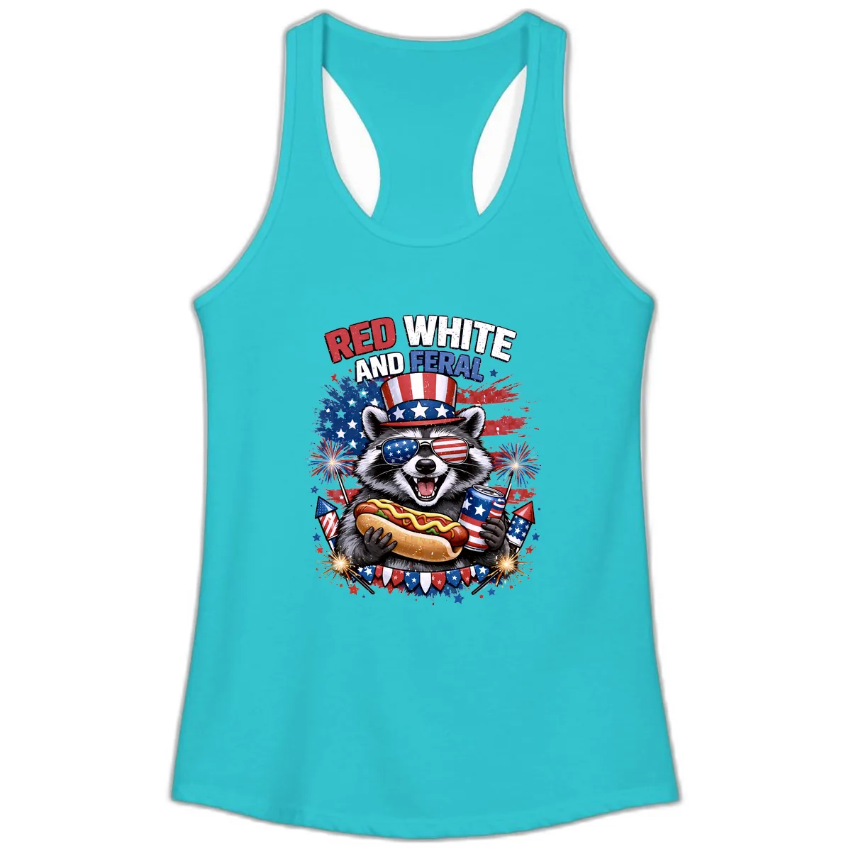 Red White and Feral Raccoon Patriotic Celebration Ladies Tank in Solid Tahiti Blue