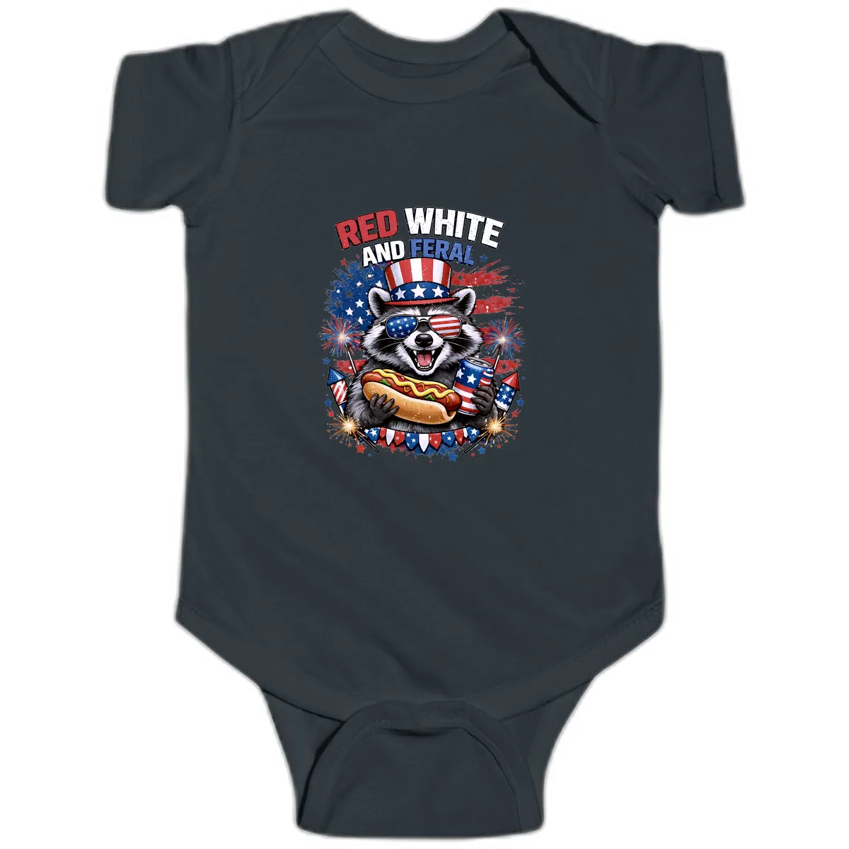 Red White and Feral Raccoon Patriotic Celebration Baby Onesie in Black
