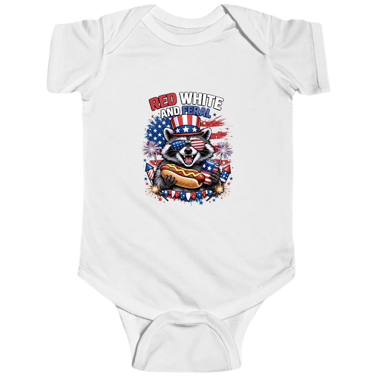 Red White and Feral Raccoon Patriotic Celebration Baby Onesie in White