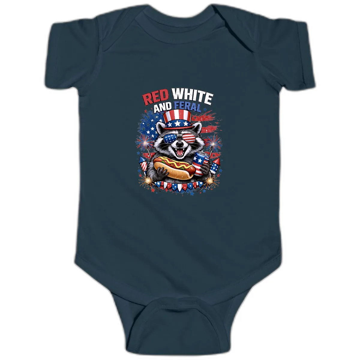Red White and Feral Raccoon Patriotic Celebration Baby Onesie in Navy