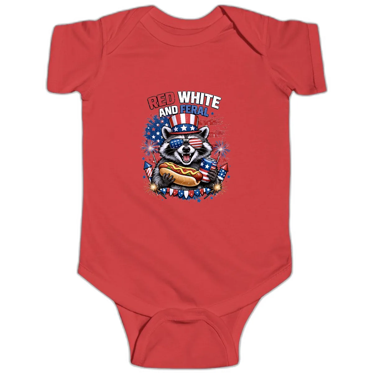 Red White and Feral Raccoon Patriotic Celebration Baby Onesie in Red