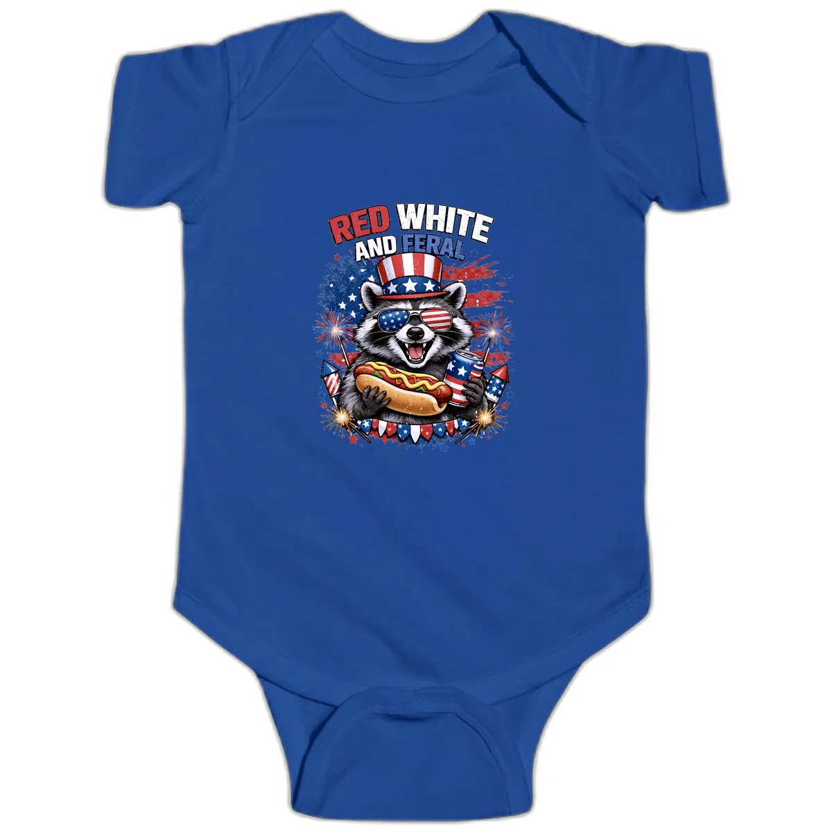 Red White and Feral Raccoon Patriotic Celebration Baby Onesie in Royal
