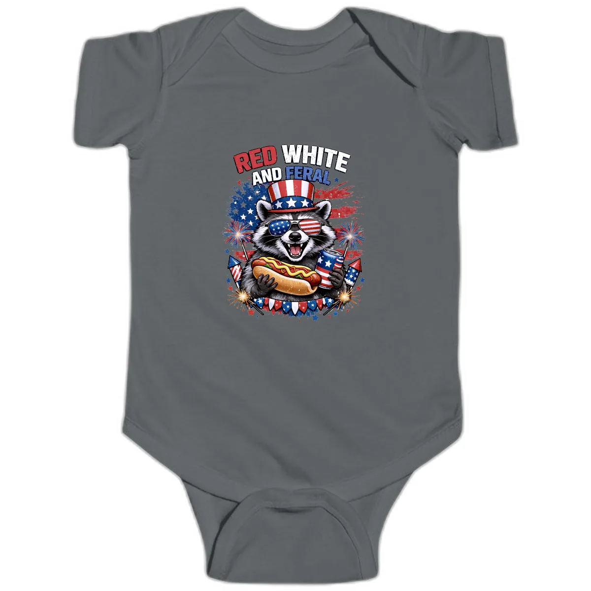 Red White and Feral Raccoon Patriotic Celebration Baby Onesie in Charcoal