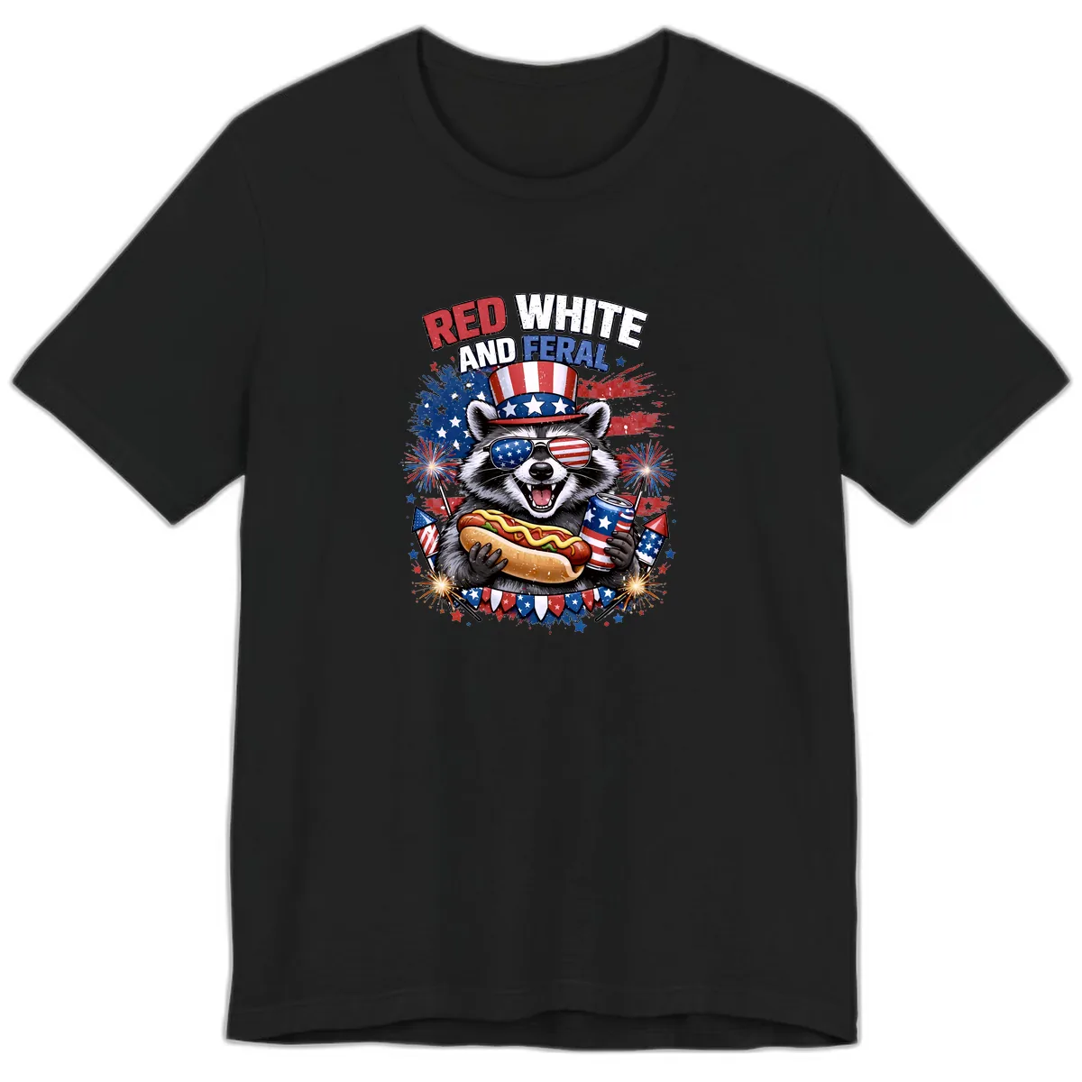 Red White and Feral Raccoon Patriotic Celebration Premium T-Shirt in Black