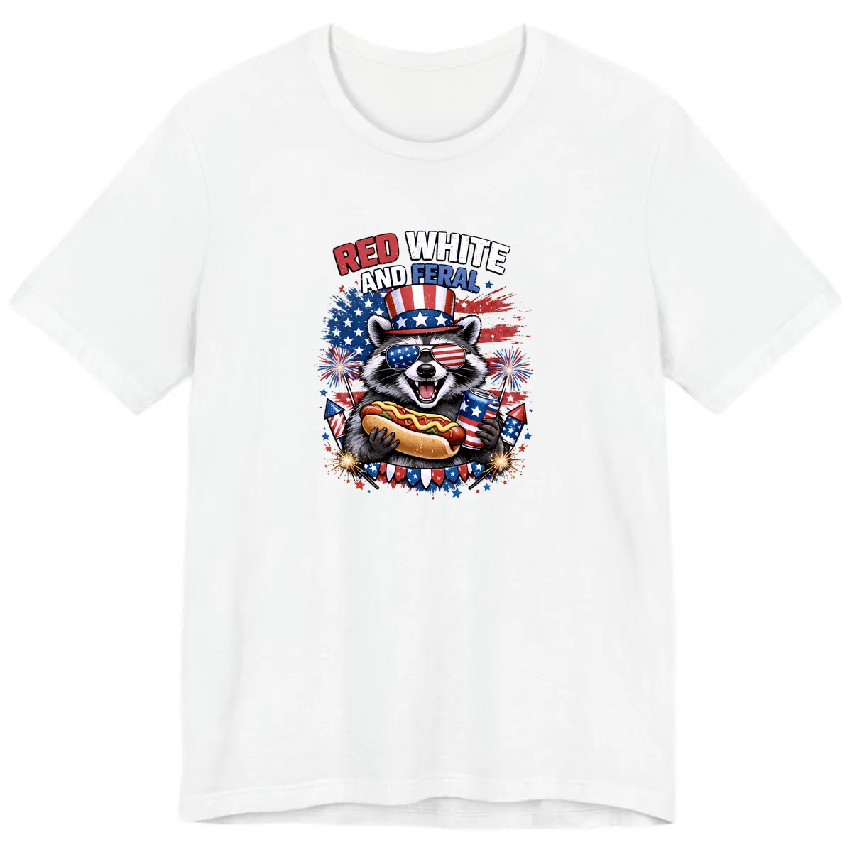 Red White and Feral Raccoon Patriotic Celebration Premium T-Shirt in White