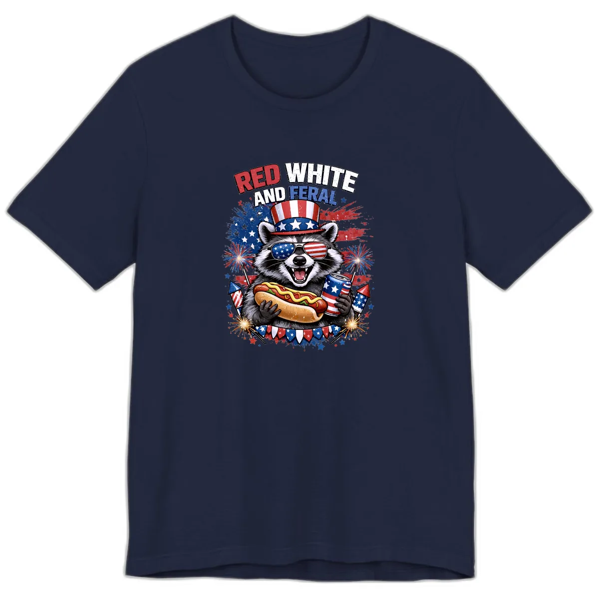 Red White and Feral Raccoon Patriotic Celebration Premium T-Shirt in Navy