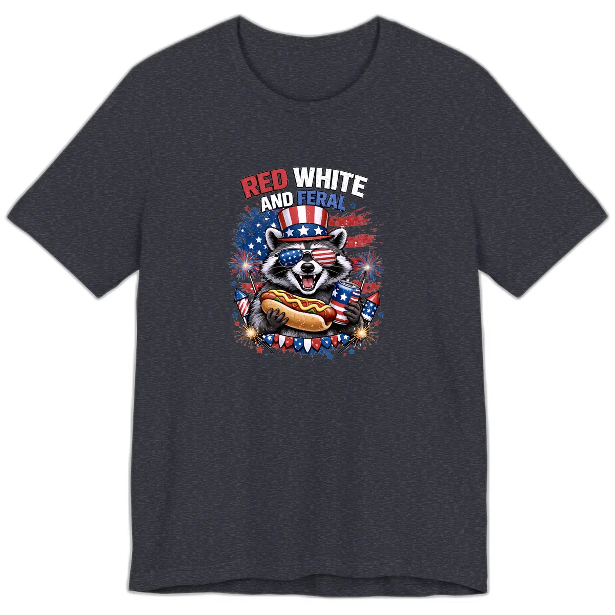 Red White and Feral Raccoon Patriotic Celebration Premium T-Shirt in Heather Navy