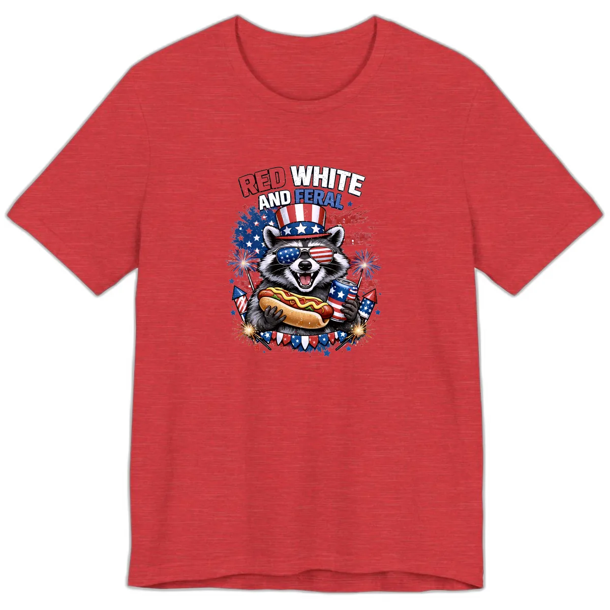 Red White and Feral Raccoon Patriotic Celebration Premium T-Shirt in Heather Red