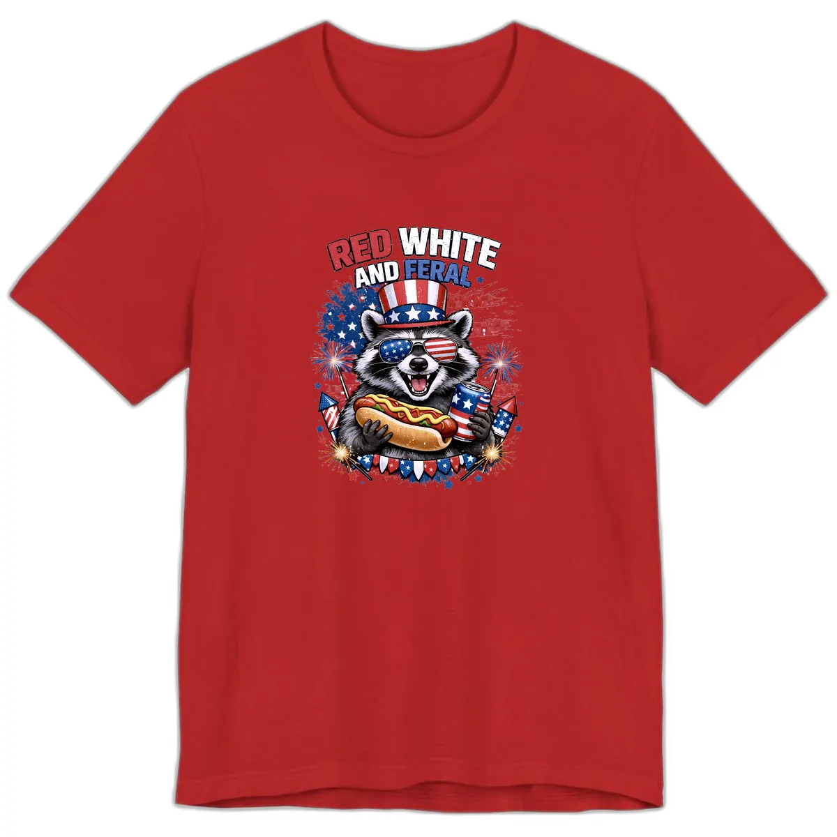 Red White and Feral Raccoon Patriotic Celebration Premium T-Shirt in Red