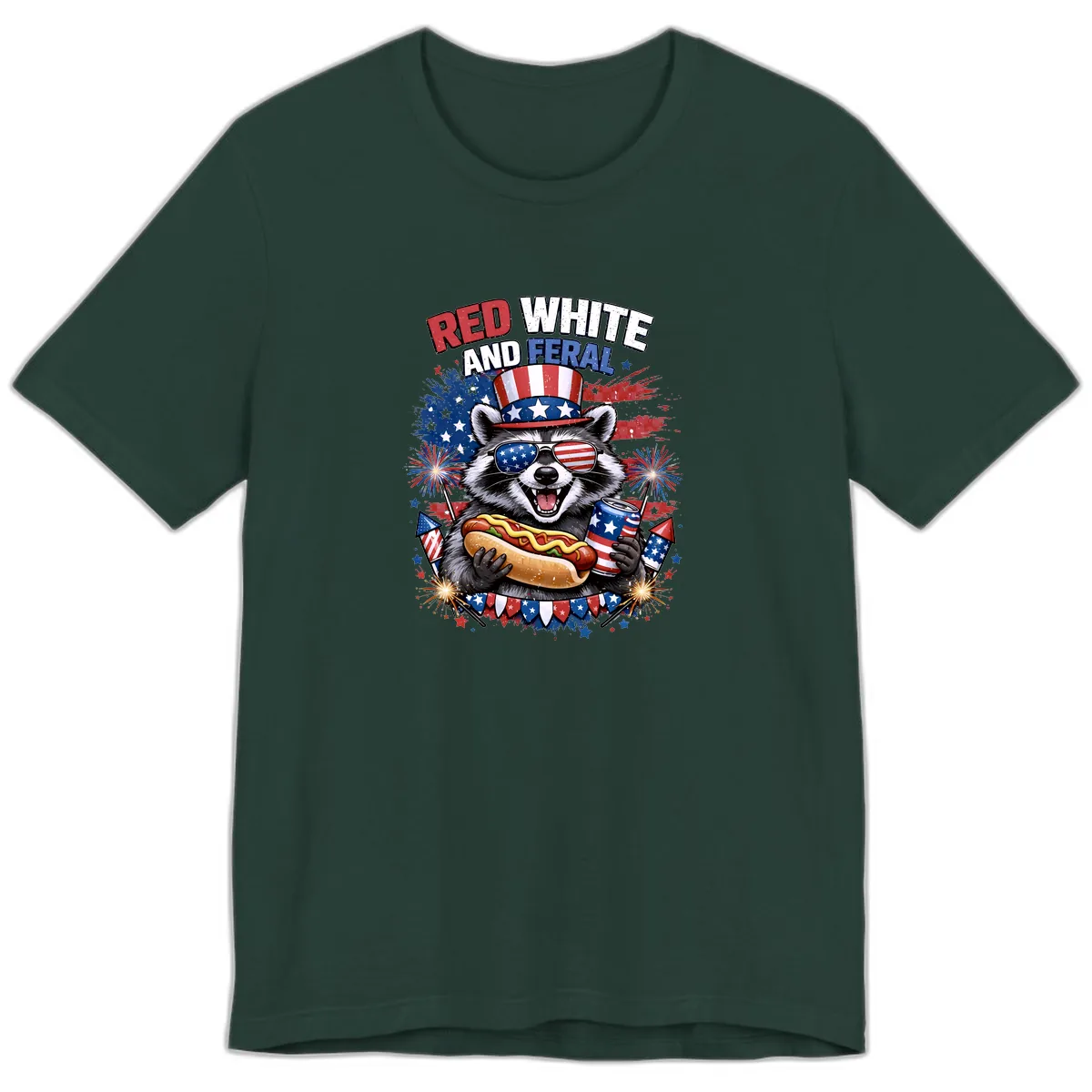 Red White and Feral Raccoon Patriotic Celebration Premium T-Shirt in Forest