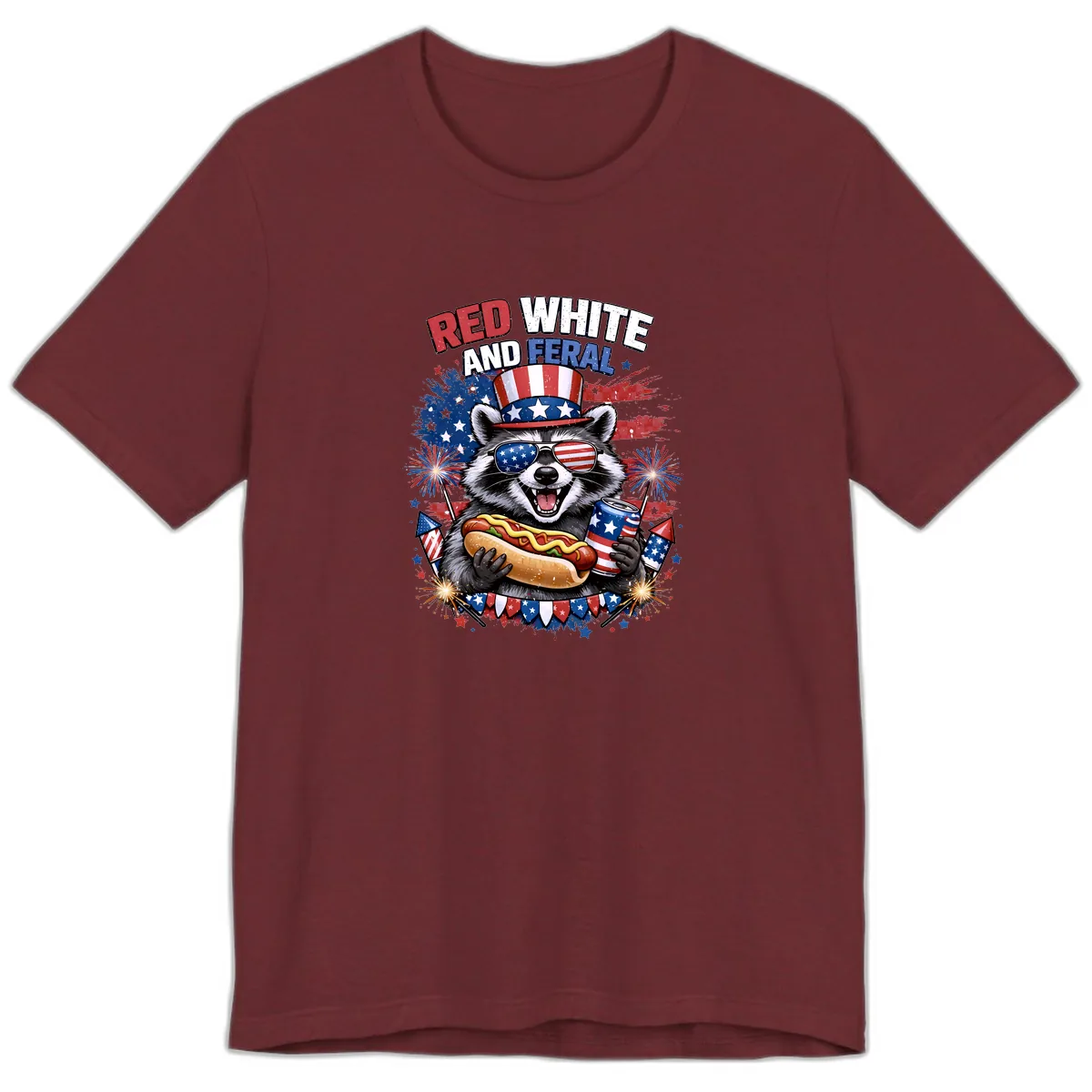 Red White and Feral Raccoon Patriotic Celebration Premium T-Shirt in Heather Cardinal