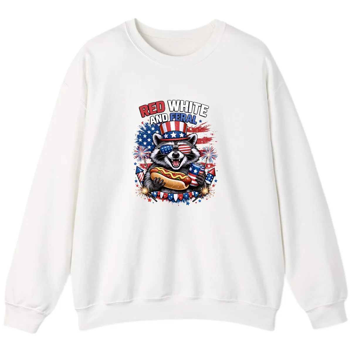 Red White and Feral Raccoon Patriotic Celebration Sweatshirt in White