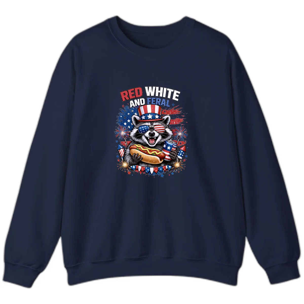 Red White and Feral Raccoon Patriotic Celebration Sweatshirt in Navy