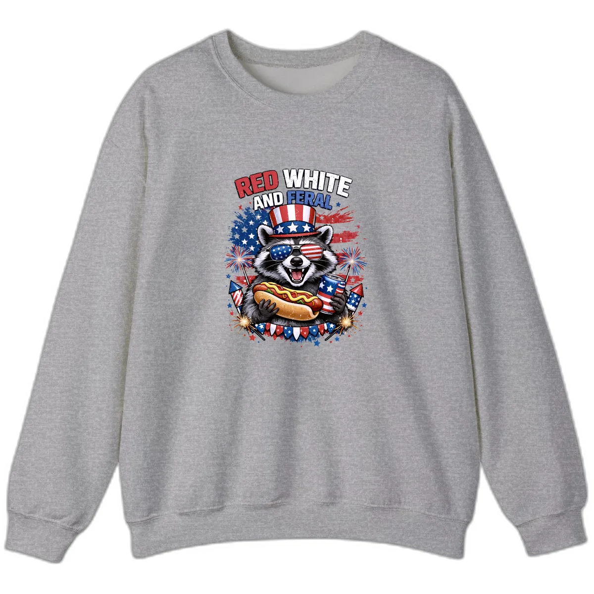 Red White and Feral Raccoon Patriotic Celebration Sweatshirt in Sport Grey
