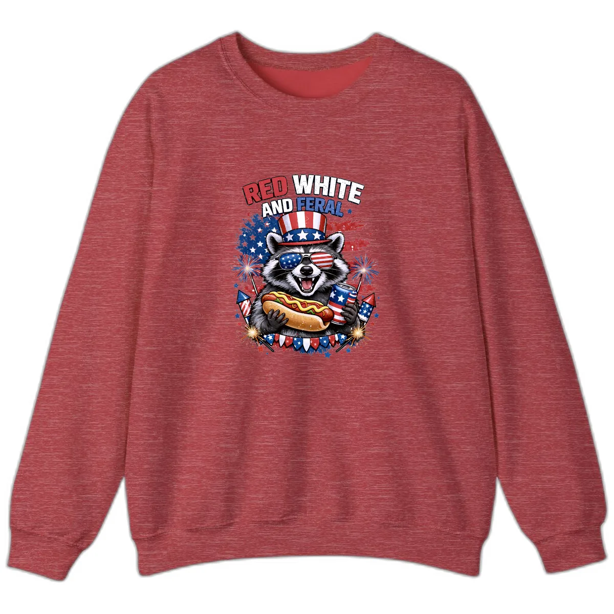 Red White and Feral Raccoon Patriotic Celebration Sweatshirt in Heather Scarlet Red
