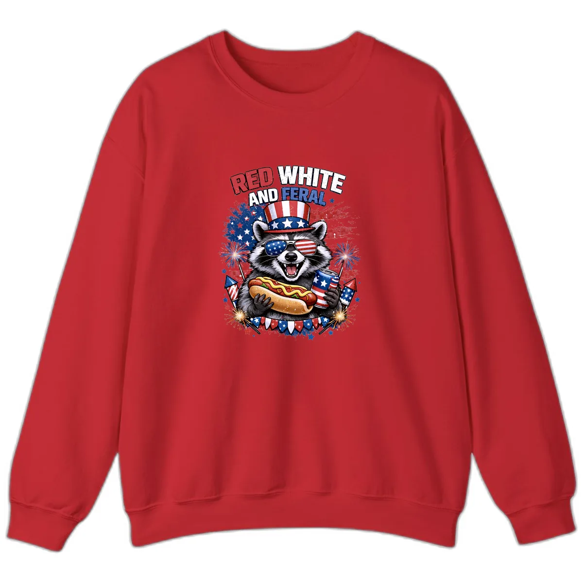 Red White and Feral Raccoon Patriotic Celebration Sweatshirt in Red