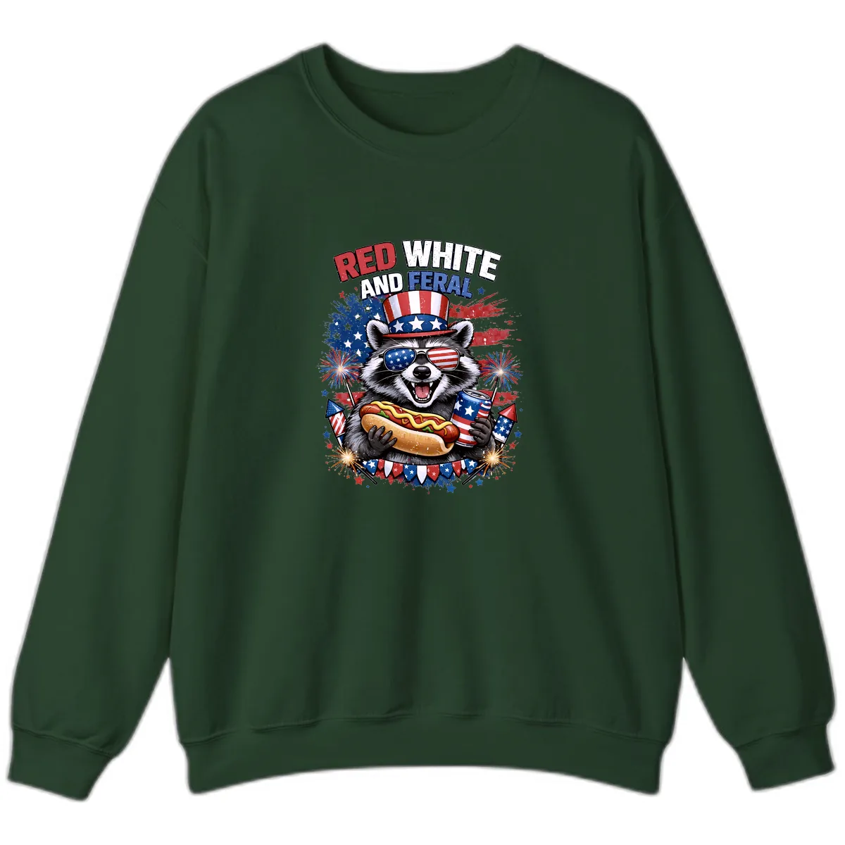 Red White and Feral Raccoon Patriotic Celebration Sweatshirt in Forest Green