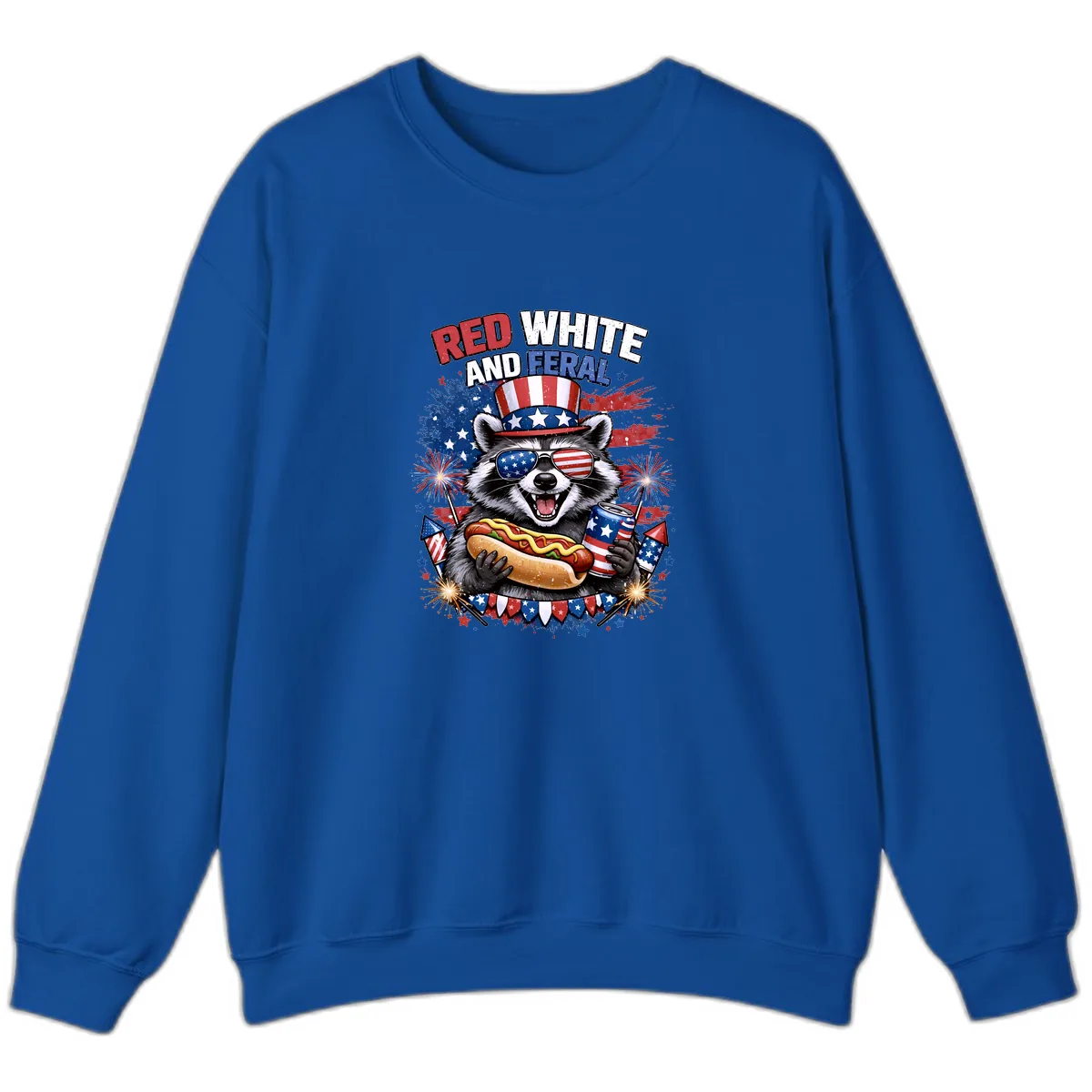 Red White and Feral Raccoon Patriotic Celebration Sweatshirt in Royal