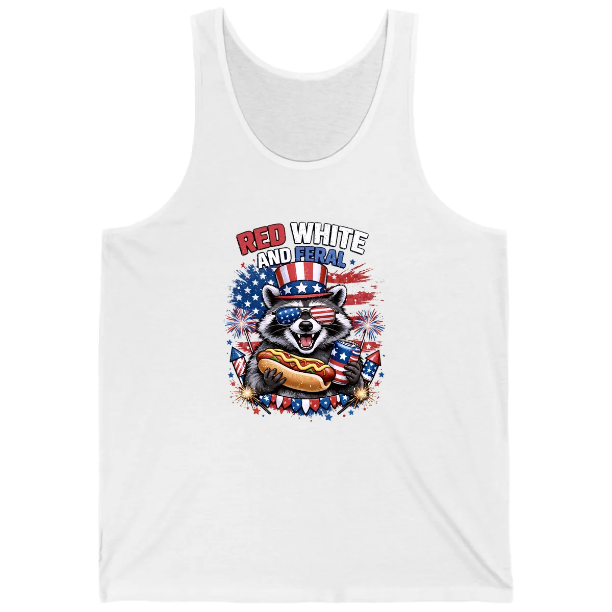 Red White and Feral Raccoon Patriotic Celebration Tank in White