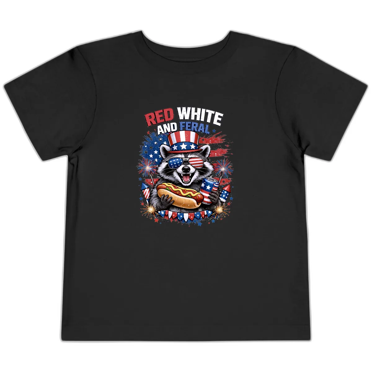Red White and Feral Raccoon Patriotic Celebration Toddler T-Shirt in Black