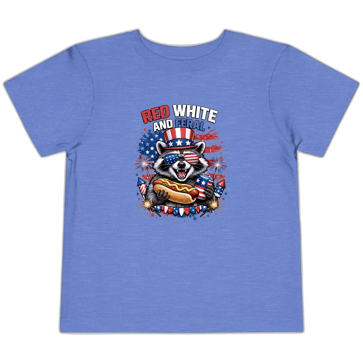 Red White and Feral Raccoon Patriotic Celebration Toddler T-Shirt in Heather Columbia Blue