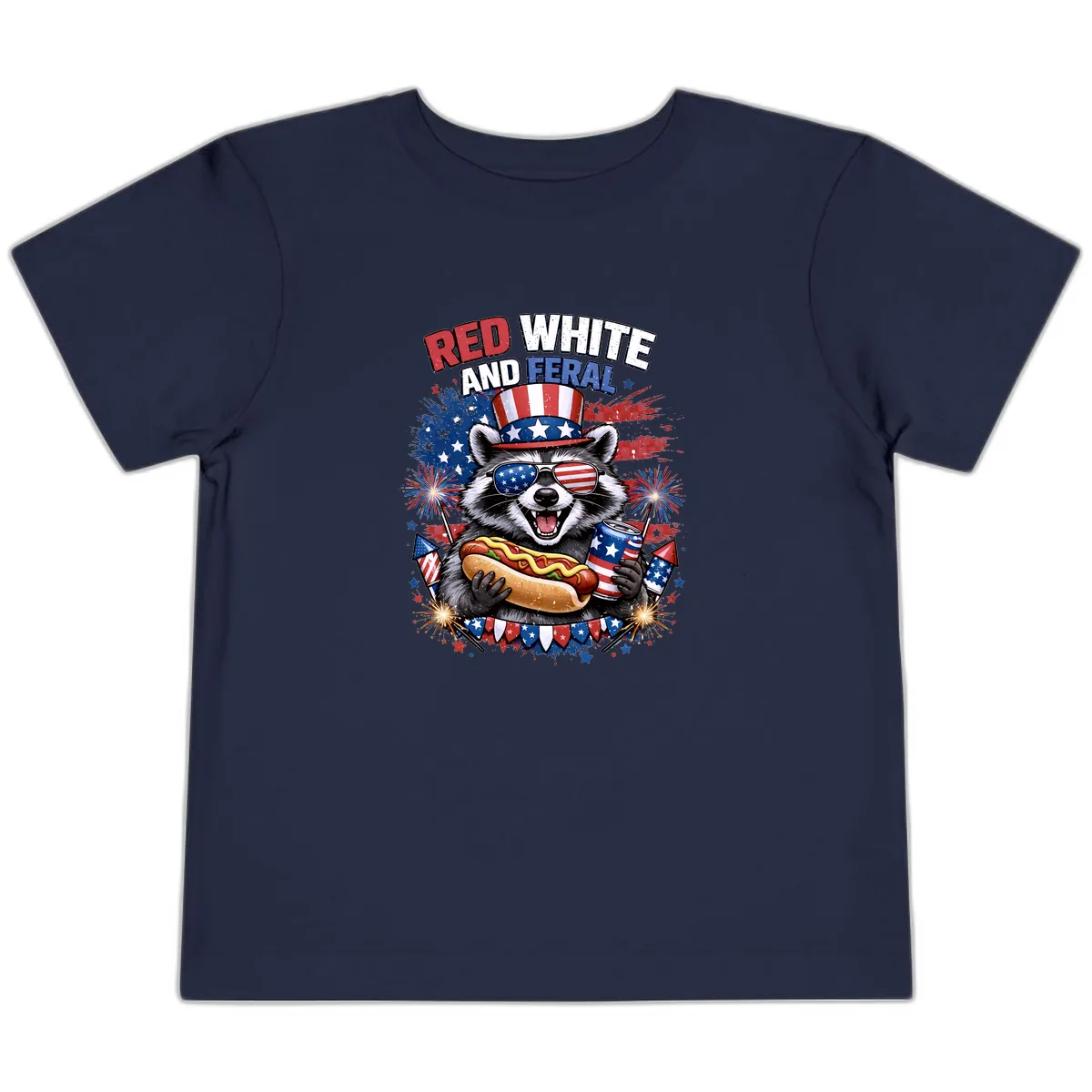 Red White and Feral Raccoon Patriotic Celebration Toddler T-Shirt in Navy