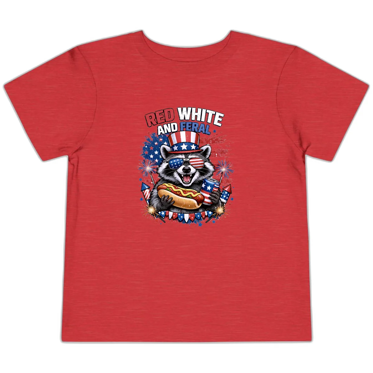 Red White and Feral Raccoon Patriotic Celebration Toddler T-Shirt in Heather Red