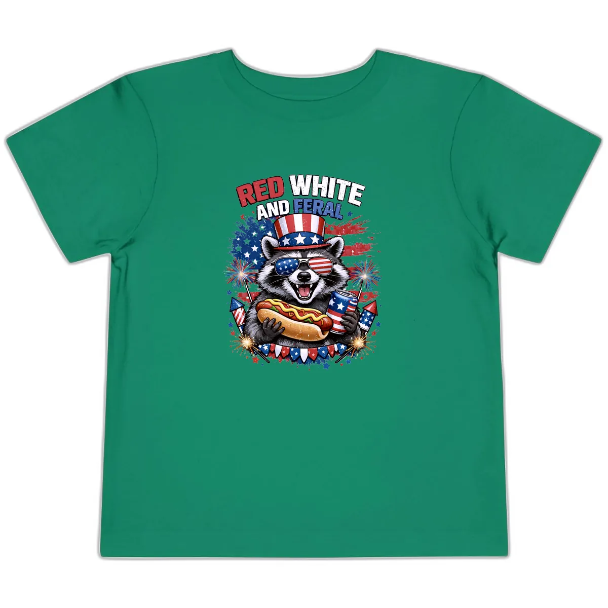 Red White and Feral Raccoon Patriotic Celebration Toddler T-Shirt in Kelly