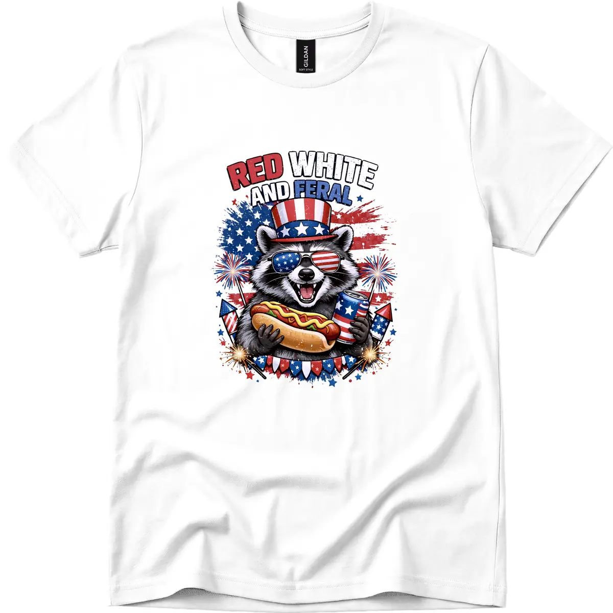 Red White and Feral Raccoon Patriotic Celebration T-Shirt in White