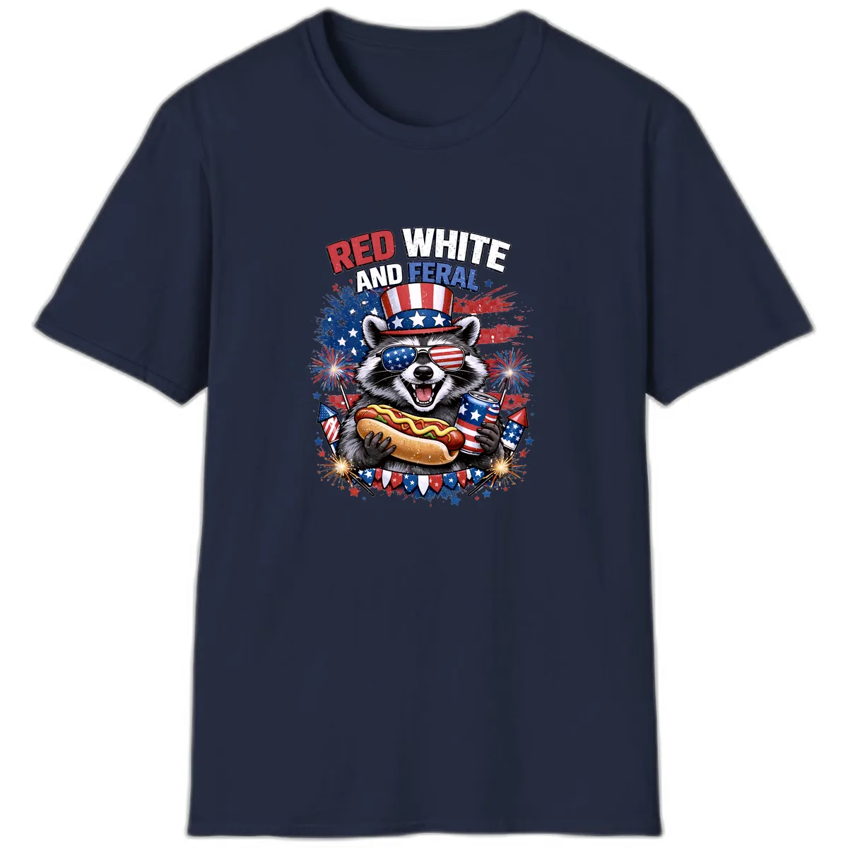 Red White and Feral Raccoon Patriotic Celebration T-Shirt in Navy