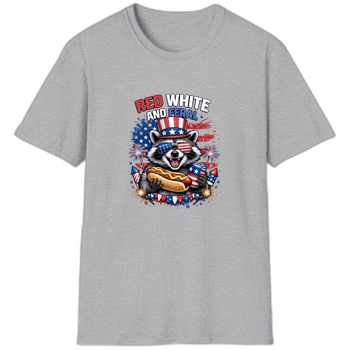 Red White and Feral Raccoon Patriotic Celebration T-Shirt in Sport Grey