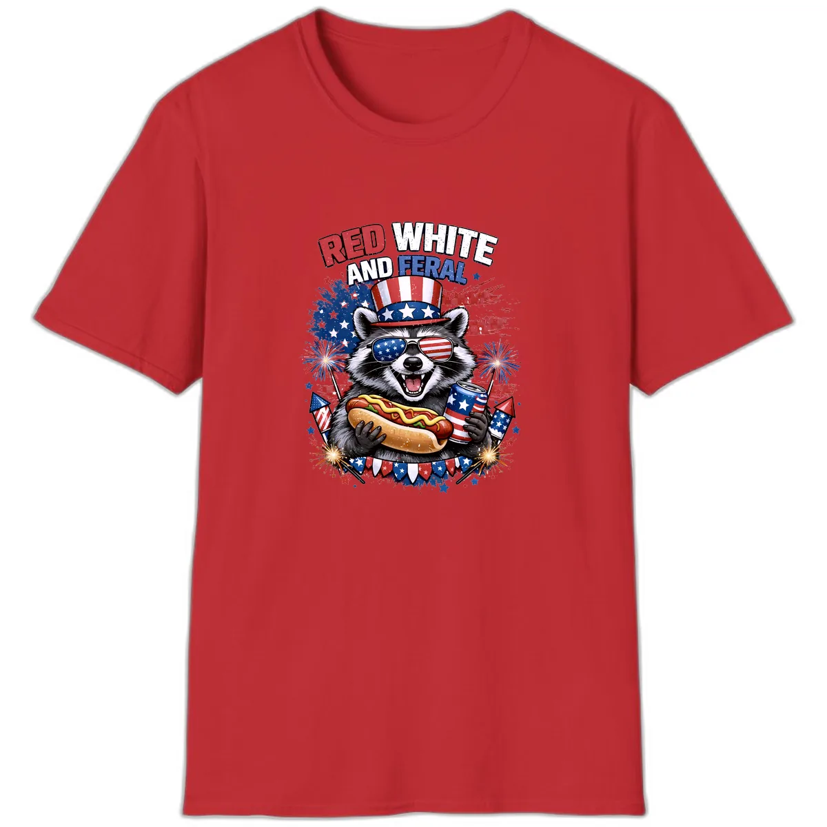 Red White and Feral Raccoon Patriotic Celebration T-Shirt in Red