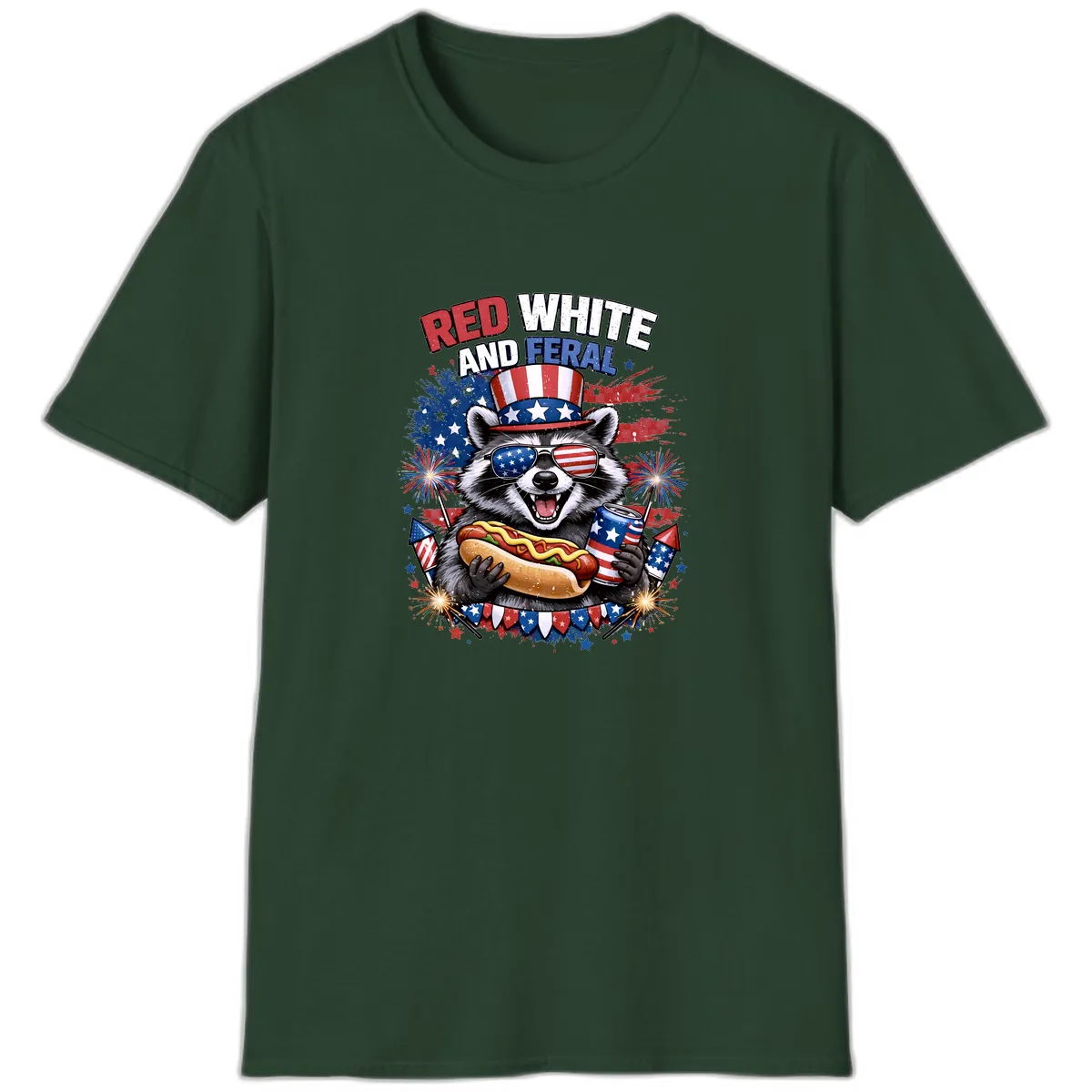 Red White and Feral Raccoon Patriotic Celebration T-Shirt in Forest Green