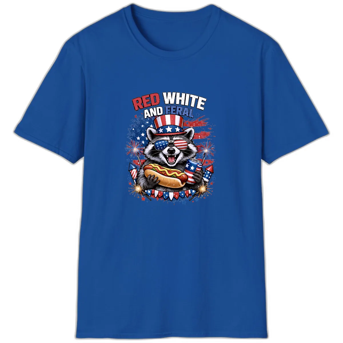 Red White and Feral Raccoon Patriotic Celebration T-Shirt in Royal