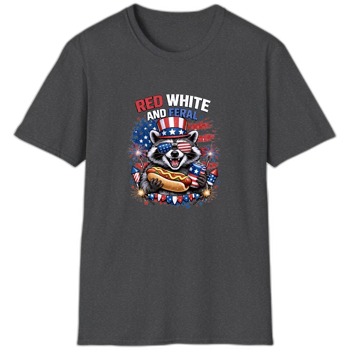 Red White and Feral Raccoon Patriotic Celebration T-Shirt in Dark Heather