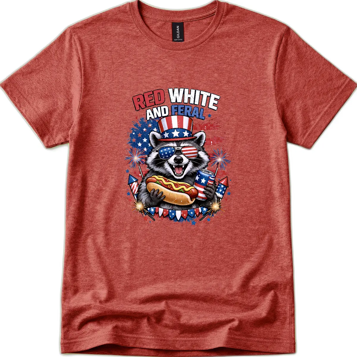 Red White and Feral Raccoon Patriotic Celebration T-Shirt in Heather Cardinal