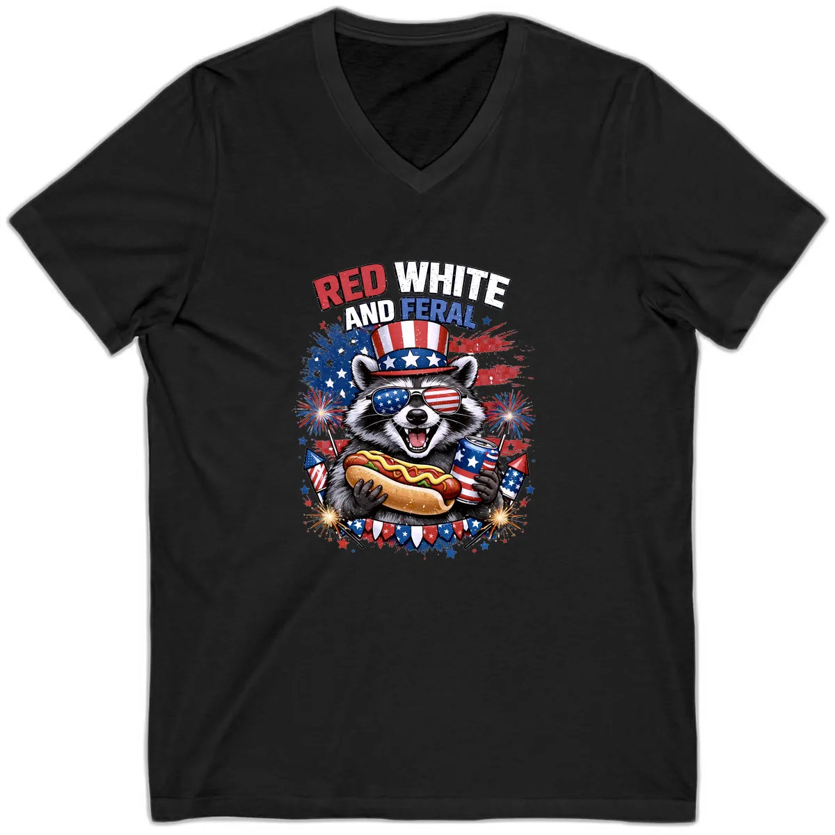 Red White and Feral Raccoon Patriotic Celebration V-Neck in Black