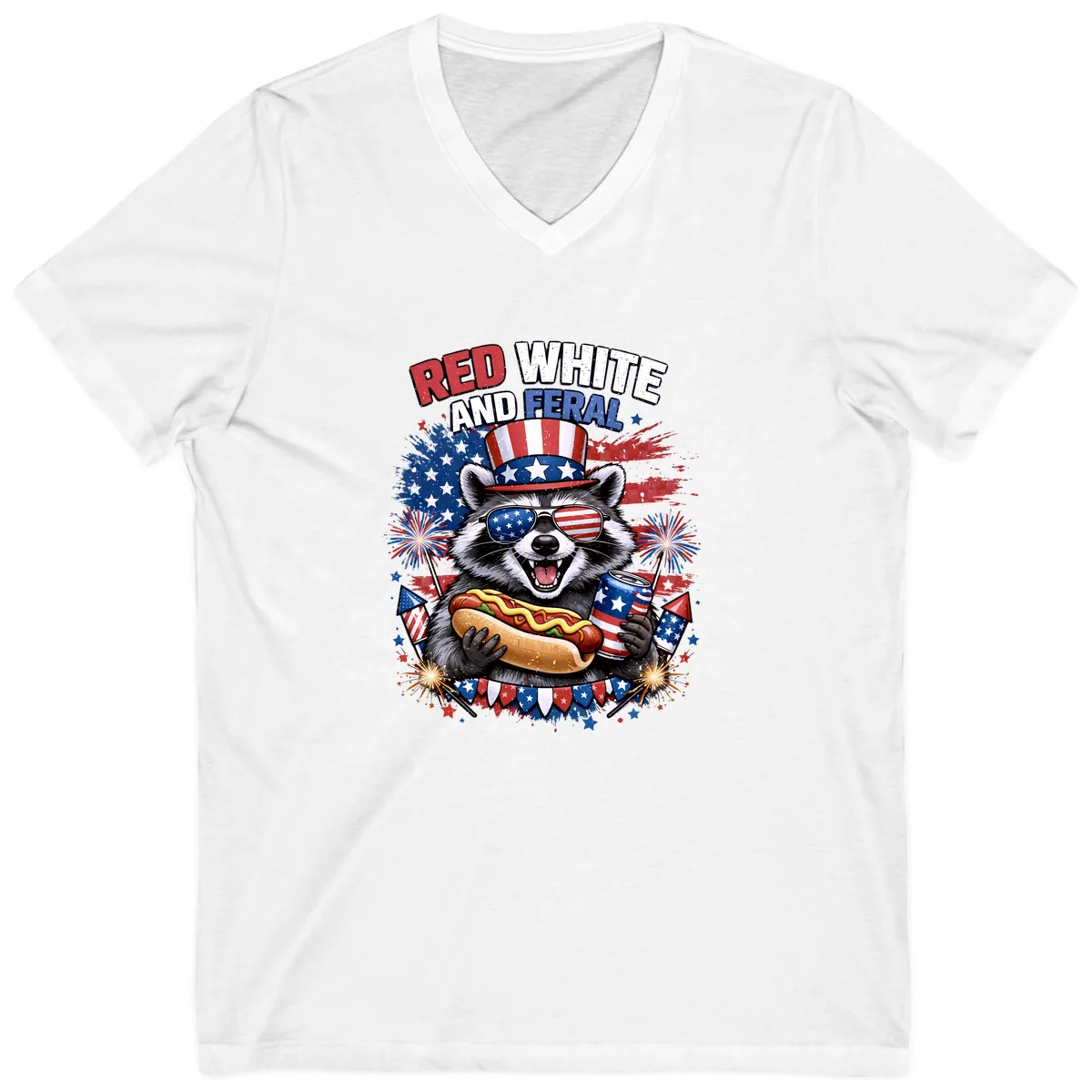 Red White and Feral Raccoon Patriotic Celebration V-Neck in White