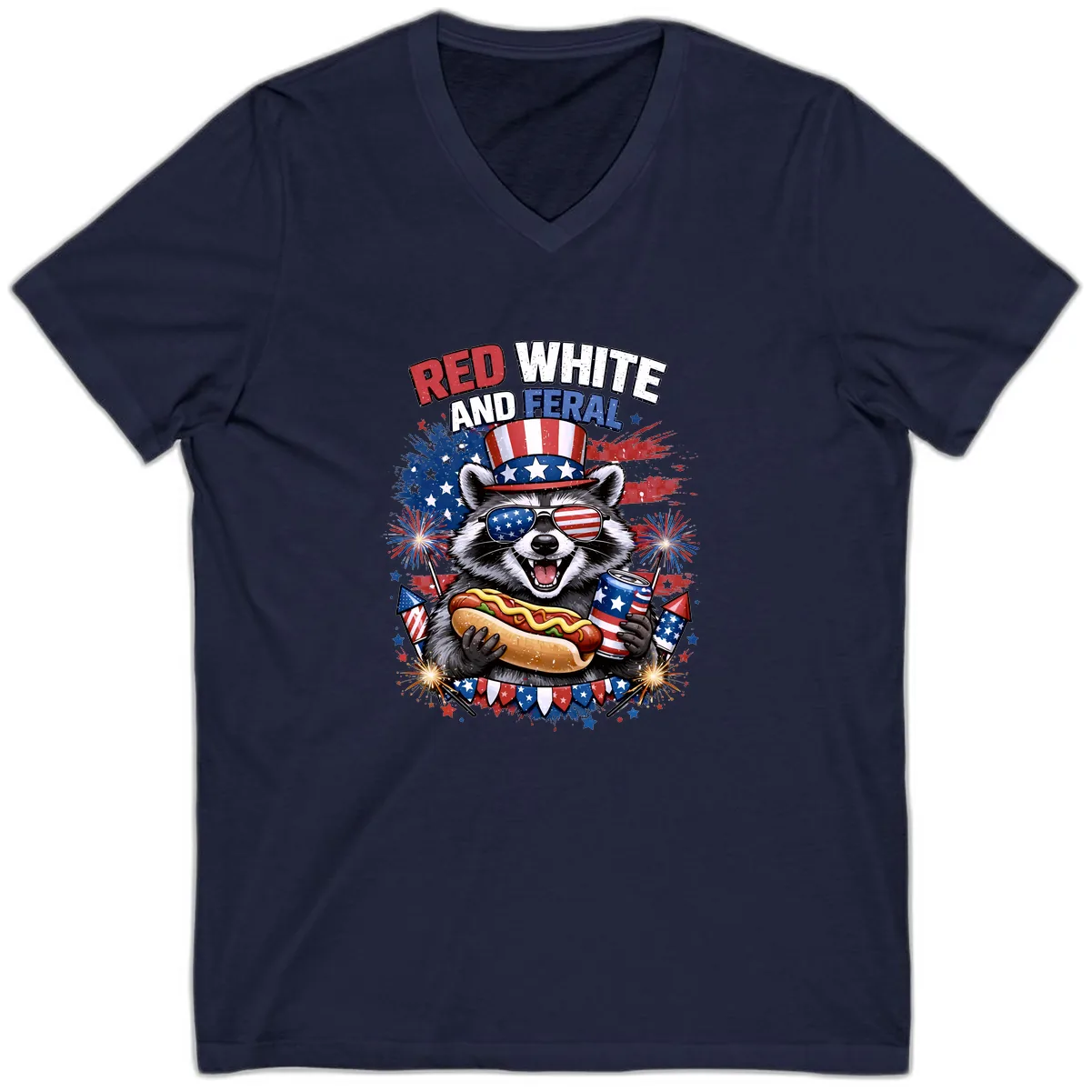 Red White and Feral Raccoon Patriotic Celebration V-Neck in Navy