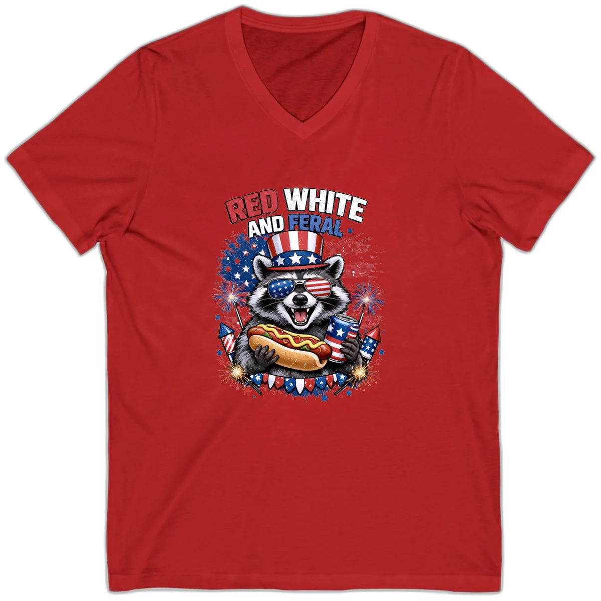 Red White and Feral Raccoon Patriotic Celebration V-Neck in Red