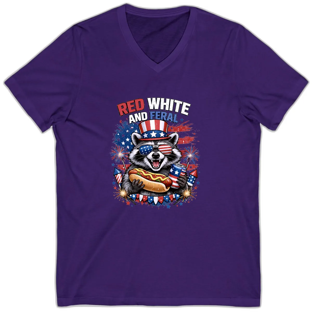 Red White and Feral Raccoon Patriotic Celebration V-Neck in Team Purple